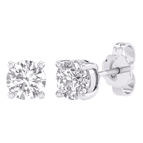 A pair of 14 karat white gold round earrings with lab grown diamonds set in them.