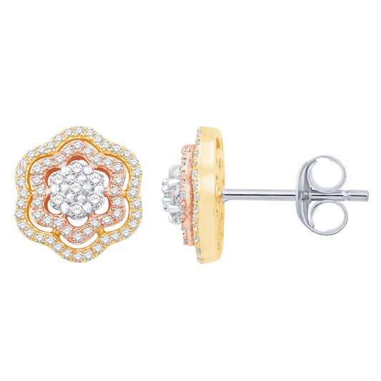 10 Karat Triple-Tone Gold 0.50 Carat Diamonds Flower Earrings-0132317-TTT