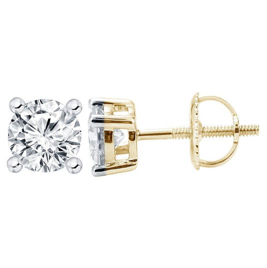 A pair of 14 karat yellow gold round earrings with lab diamonds.
