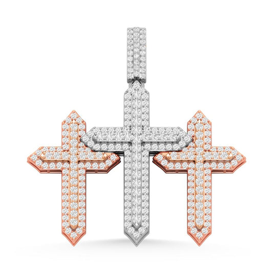 10 Karat Two-Tone (Rose and White) Gold 3.00 Carat Diamonds Three Cross HipHop Pendant-1030028-RW