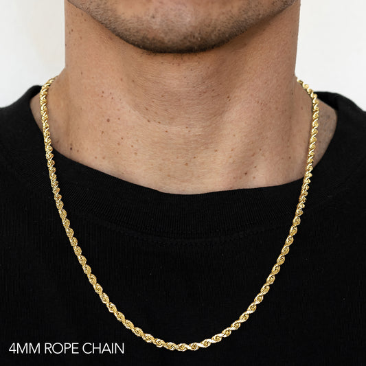 10K 4MM YELLOW GOLD DC SEMI SOLID ROPE CHAIN NECKLACE (AVAILABLE IN LENGTHS 16" - 22")
