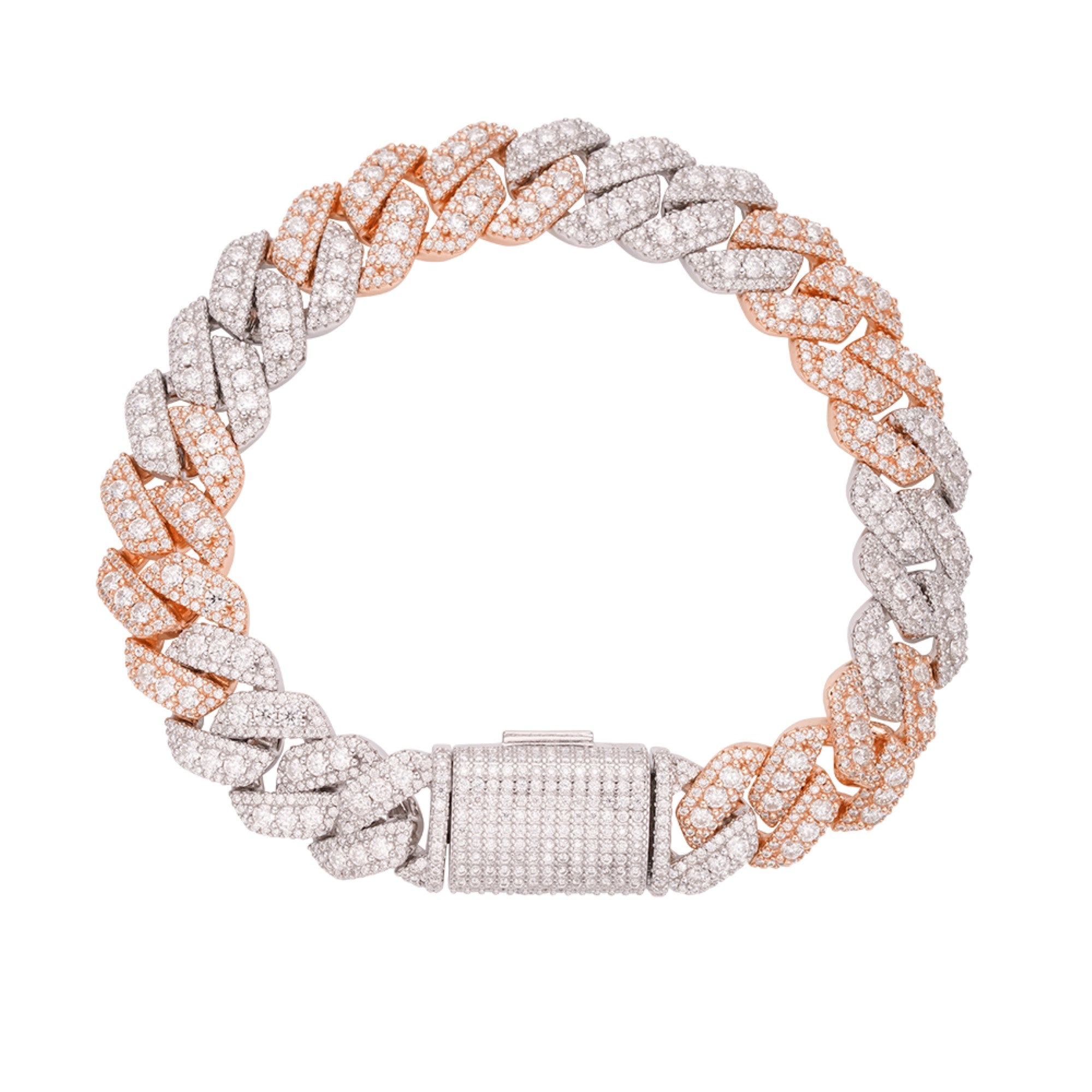 S.Silver Round Big Stone in Center Surrounded with Small Stones 12mm Moissanite Cuban Chain 8Inch Bracelet RP+PP 10-7/8 Cttw