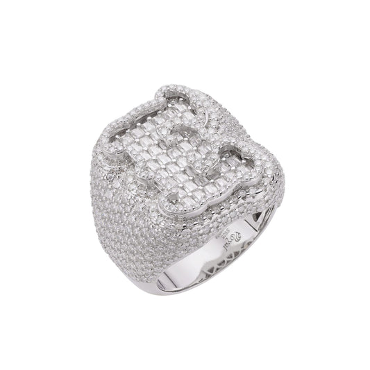 S.Silver Round Baugette Moissanite Albhabet E letter Initial SZ 10 Mens Ring RP 7-1/4 Cttw