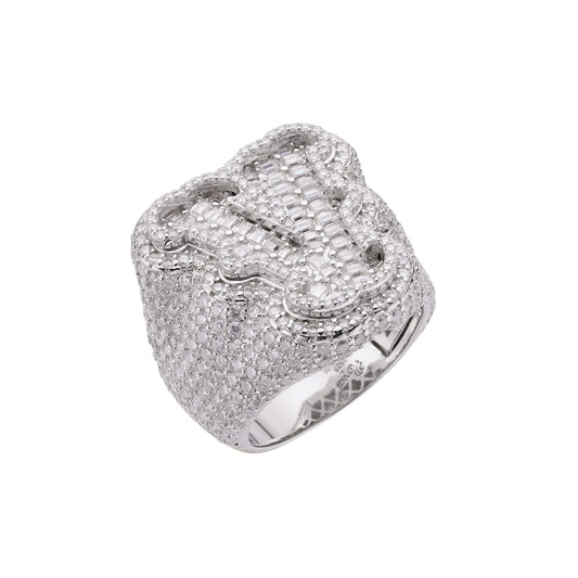 S.Silver Round Baugette Moissanite Albhabet V letter Initial SZ 10 Mens Ring RP 7-1/2 Cttw
