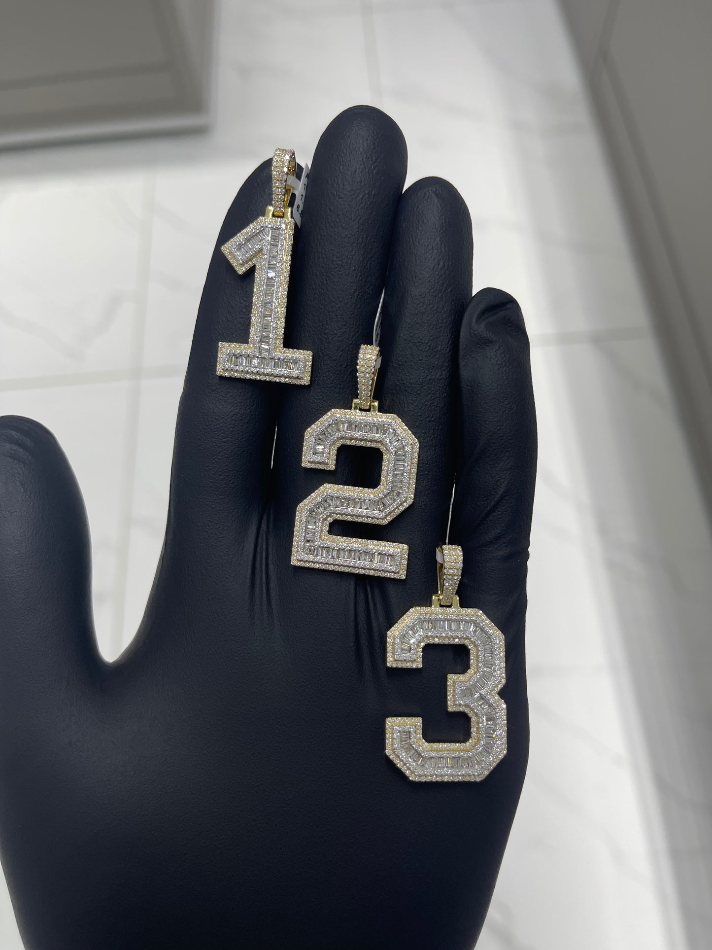 Number Pendant 0-9 10kt Yellow Gold 2 CTs Round and Baguette Diamond 1”