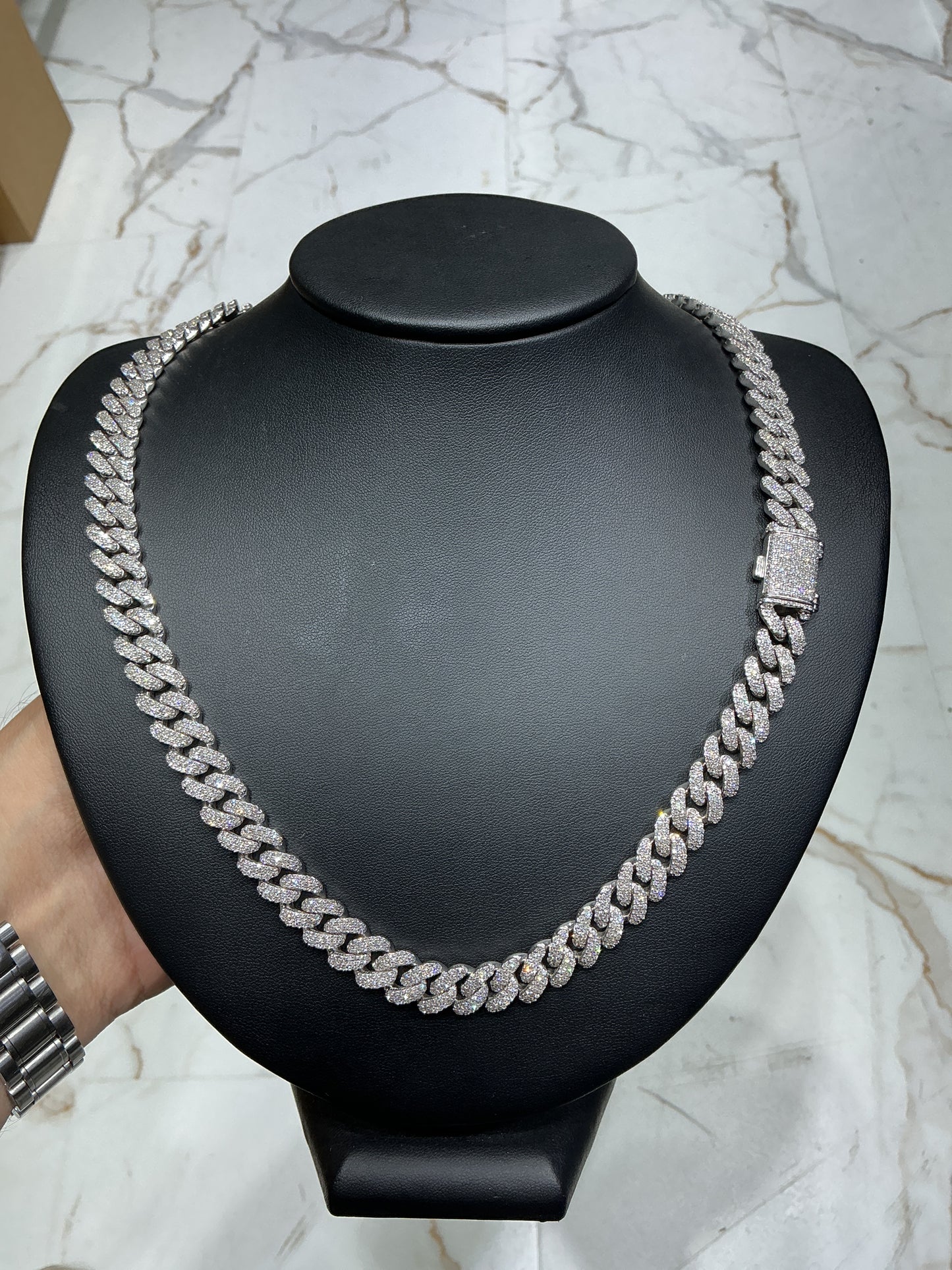 Cuban Necklace 10mm Natural Diamond Pave Set 10kt White Gold