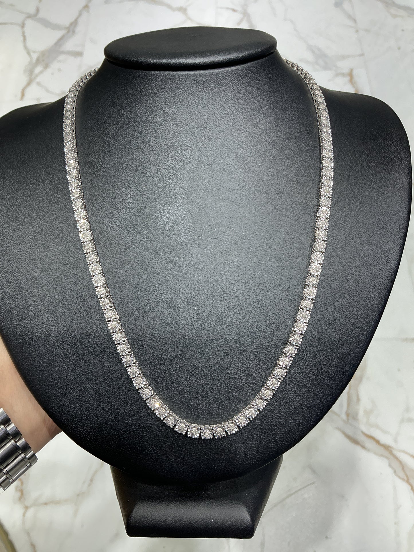 Tennis Necklace 4mm Natural Diamond Illusion Set S925 Silver