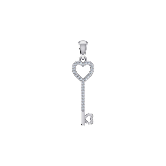 10KT White Gold Round Diamond Heart Key Pendant 1/20 Cttw