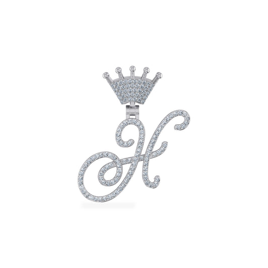 10K White Gold Round Diamond Crown H Letter Initial Pendant 1/4 Cttw