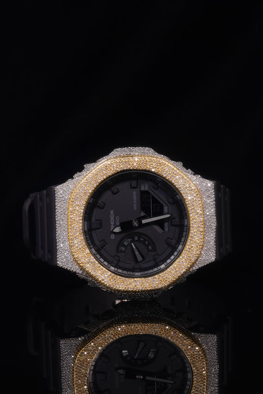 Casio G-Shock G-2100 Yellow and White Iced Out Diamond Watch 5 CT Diamonds