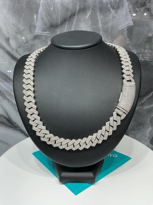 Cuban Necklace 16mm Natural Diamond Prong Set Silver 22 inch