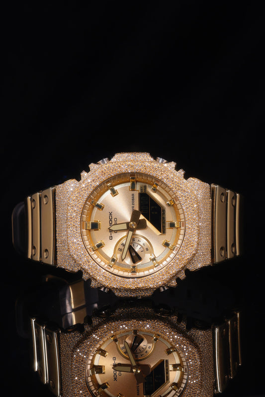 Casio G-Shock G-2100 Gold Steel Iced Out Diamond Watch 5 CT Diamonds