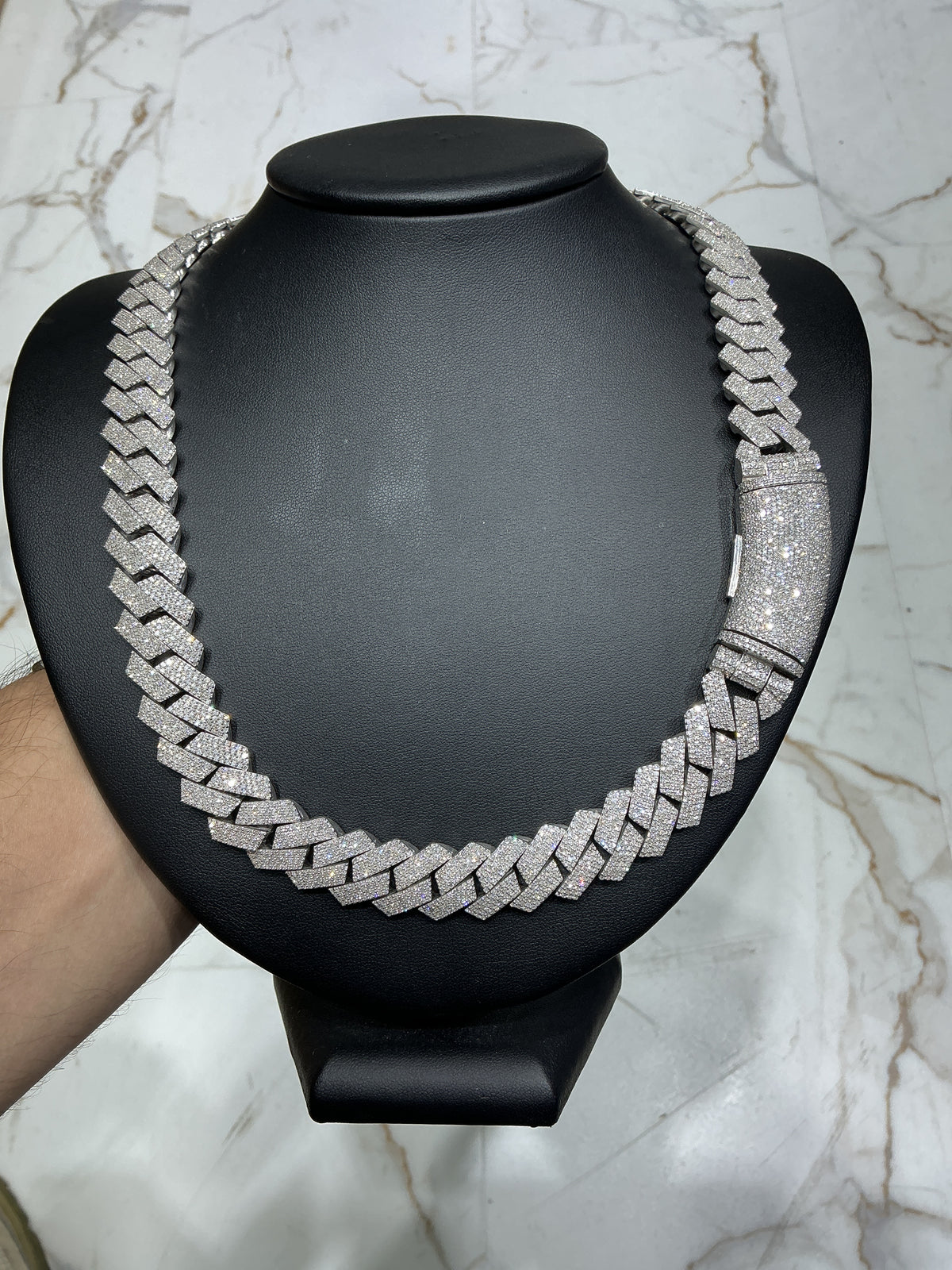Cuban Necklace 16mm Natural Diamond Prong Set Silver 22 inch