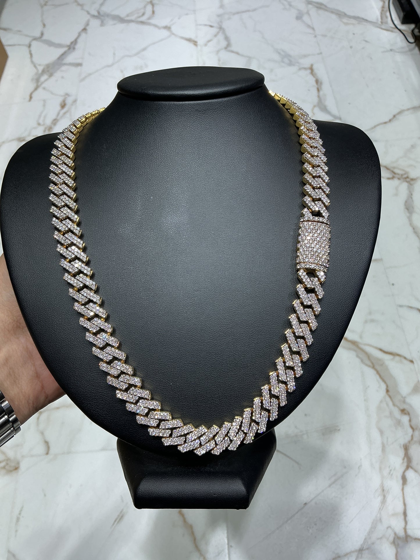 Cuban Necklace 12mm Natural Diamond Prong Set 10kt Yellow Gold