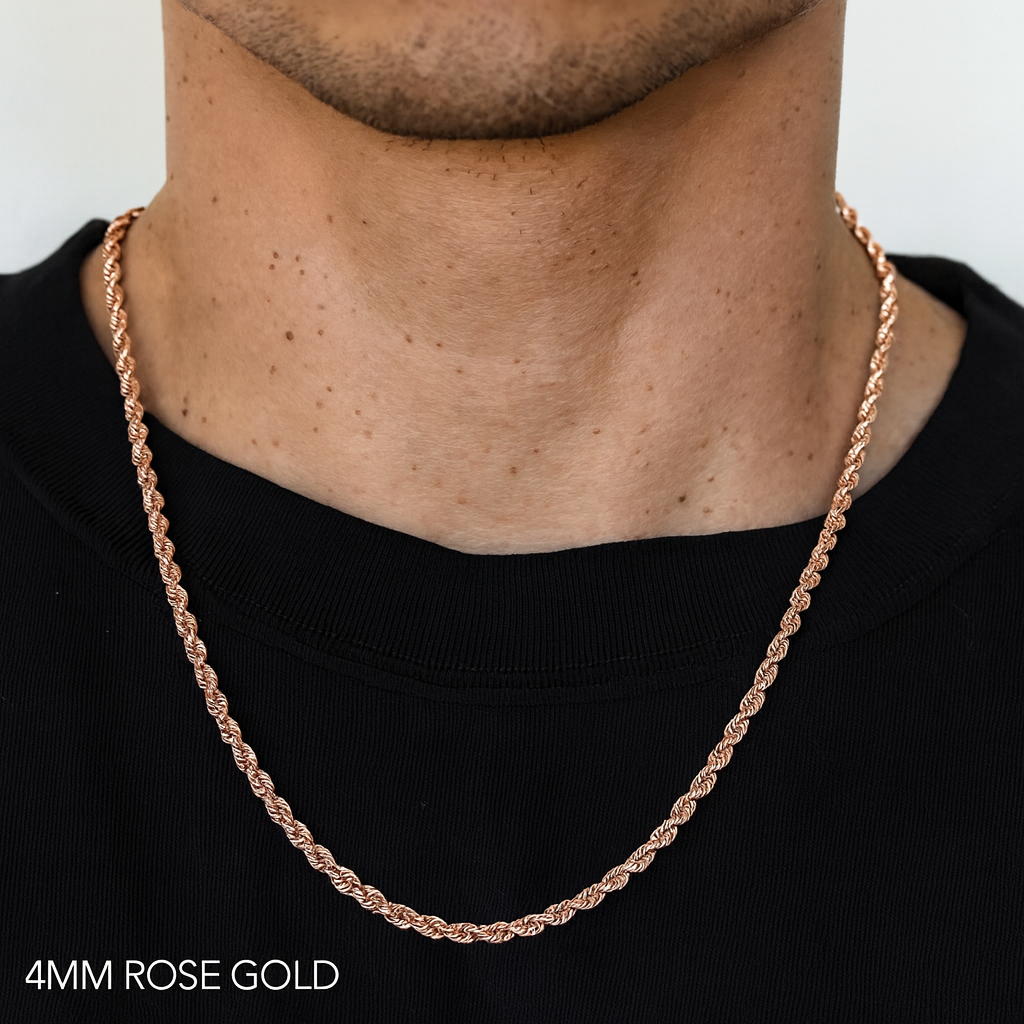 10K 4MM ROSE GOLD DIAMOND CUT SEMI SOLID ROPE CHAIN NECKLACE (AVAILABLE IN LENGTHS 18