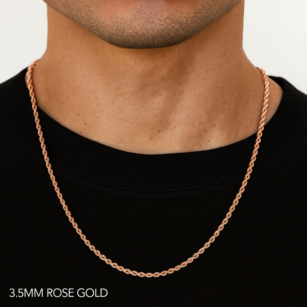 10K 3.5MM ROSE GOLD DIAMOND CUT SEMI SOLID ROPE CHAIN NECKLACE (AVAILABLE IN LENGTHS 18