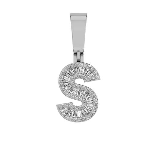 10K White Gold Baguette Diamond Initial S Letter Pendant 1/3 Cttw