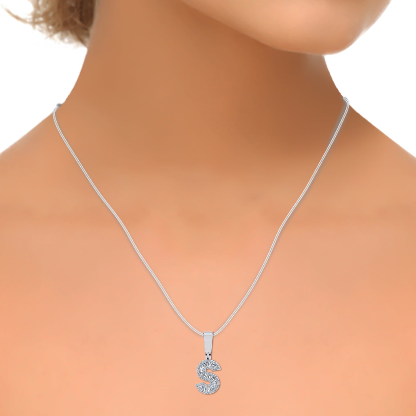 10K White Gold Baguette Diamond Initial S Letter Pendant 1/3 Cttw