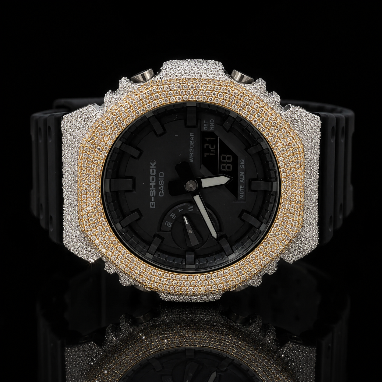 Casio G-Shock G-2100 Yellow and White Iced Out Diamond Watch 5 CT Diamonds