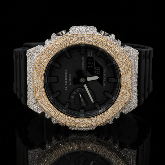 Casio G-Shock G-2100 Yellow and White Iced Out Diamond Watch 5 CT Diamonds