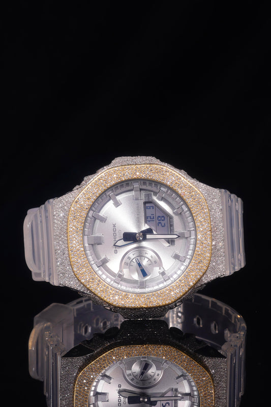 Casio G-Shock G-2100 Yellow and White Iced Out Diamond Watch 5 CT Diamonds