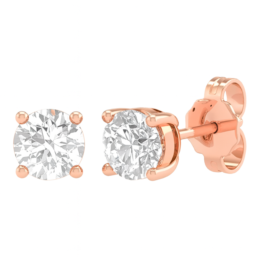Rose gold stud earrings with clear gemstones on a white background