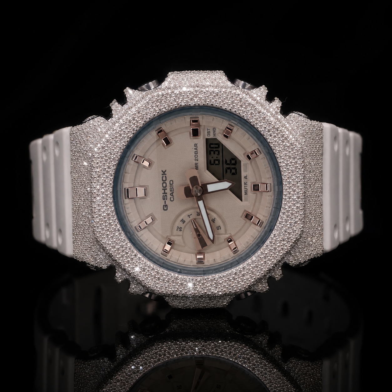 Casio G-Shock Midsize G-2100 White Iced Out Diamond Watch 5 CT Diamonds